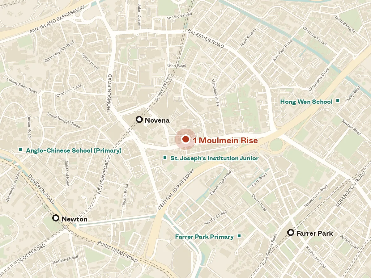 Map of the area around 1 Moulmein Rise, with nearby MRT stations and primary schools