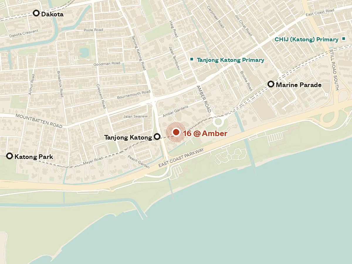 Map of the area around 16 @ Amber, with nearby MRT stations and primary schools