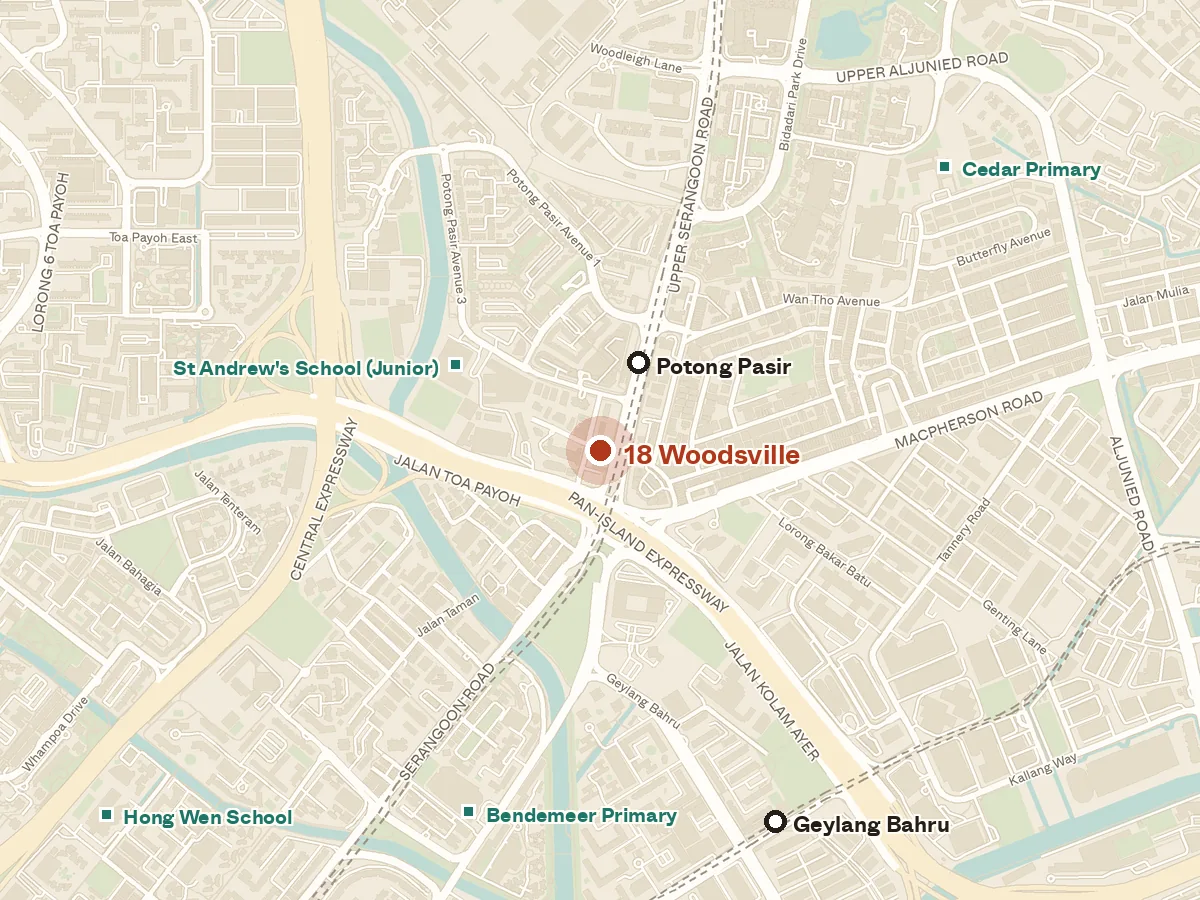 Map of the area around 18 Woodsville, with nearby MRT stations and primary schools