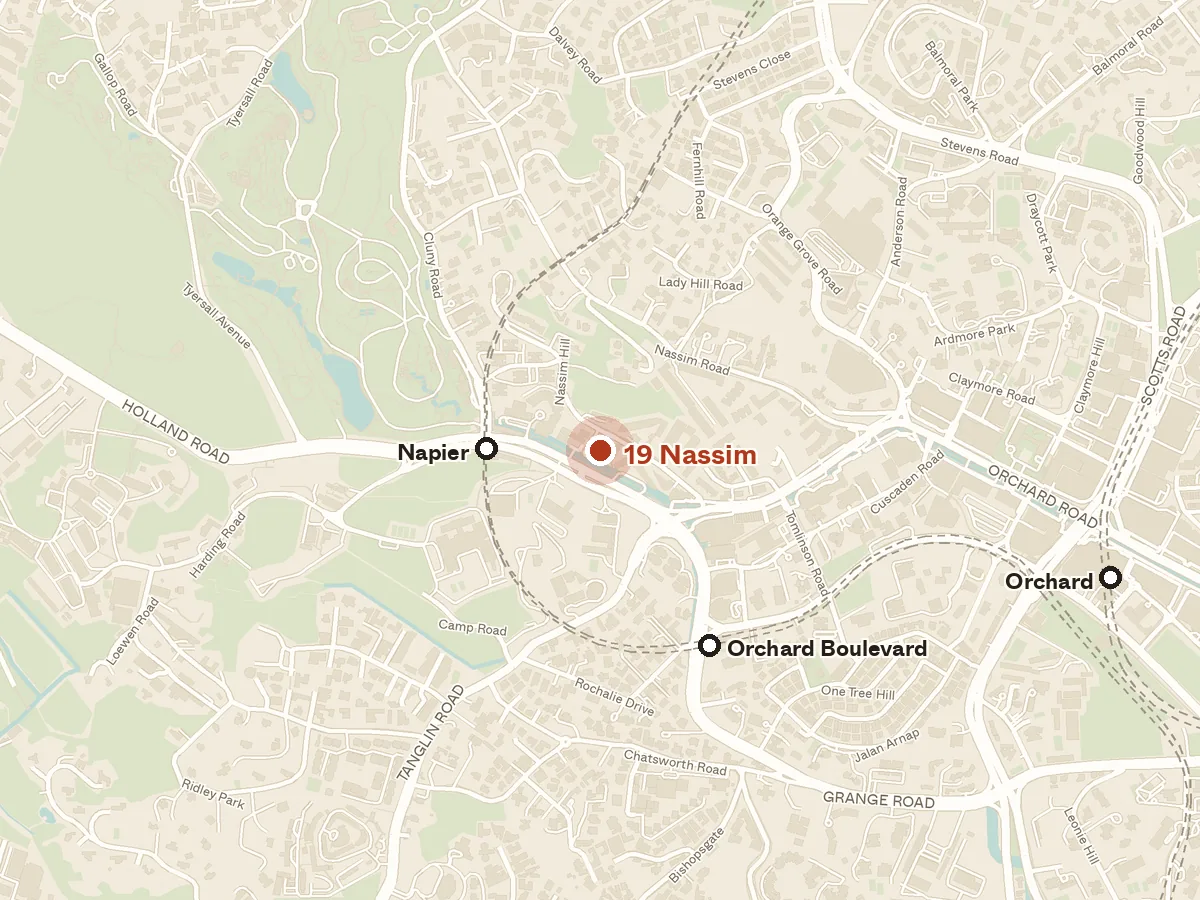 Map of the area around 19 Nassim, with nearby MRT stations and primary schools