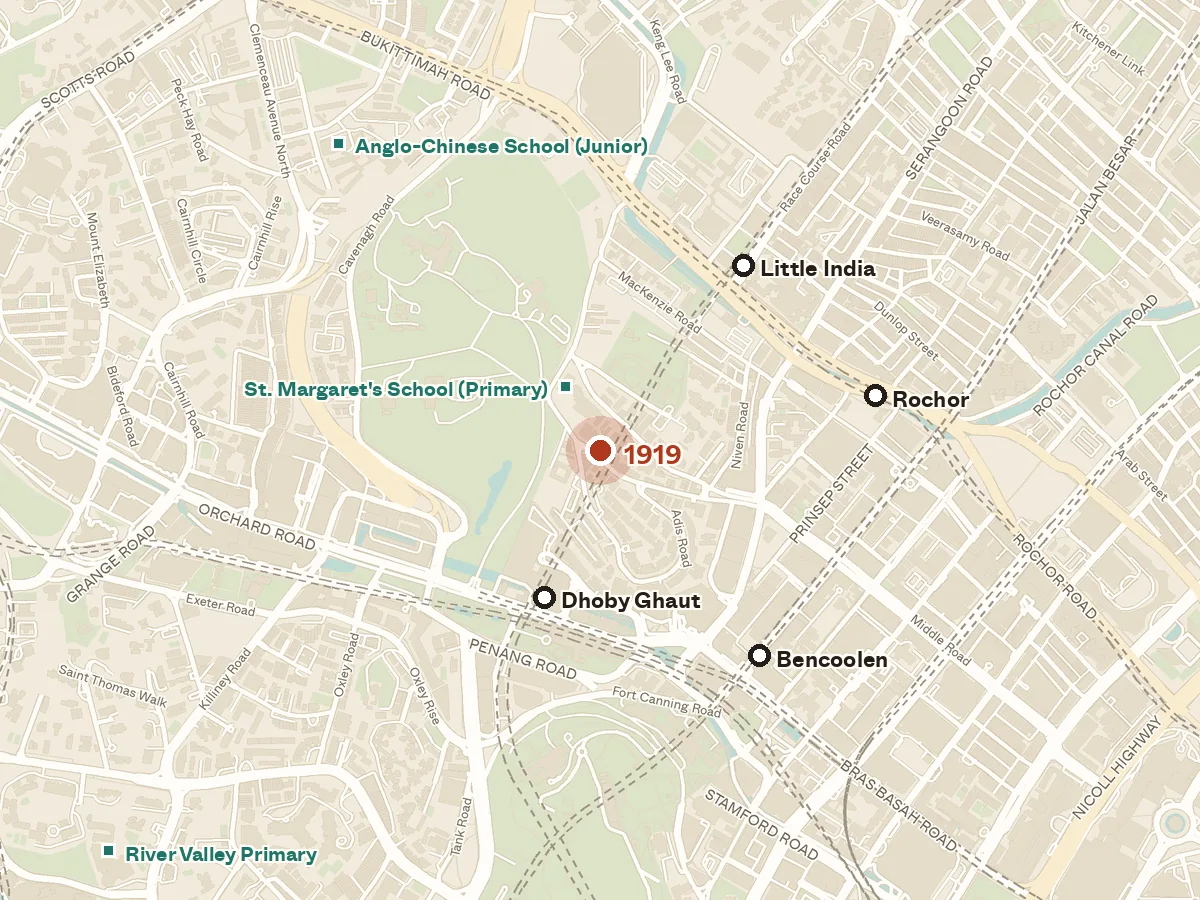 Map of the area around 1919, with nearby MRT stations and primary schools
