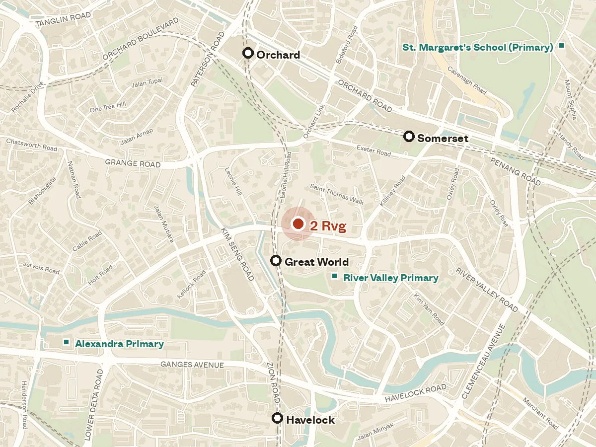 Map of the area around 2 Rvg, with nearby MRT stations and primary schools