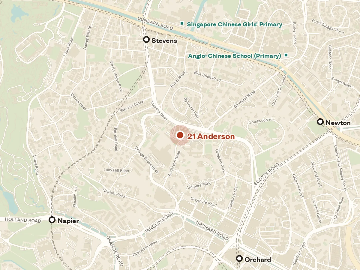 Map of the area around 21 Anderson, with nearby MRT stations and primary schools