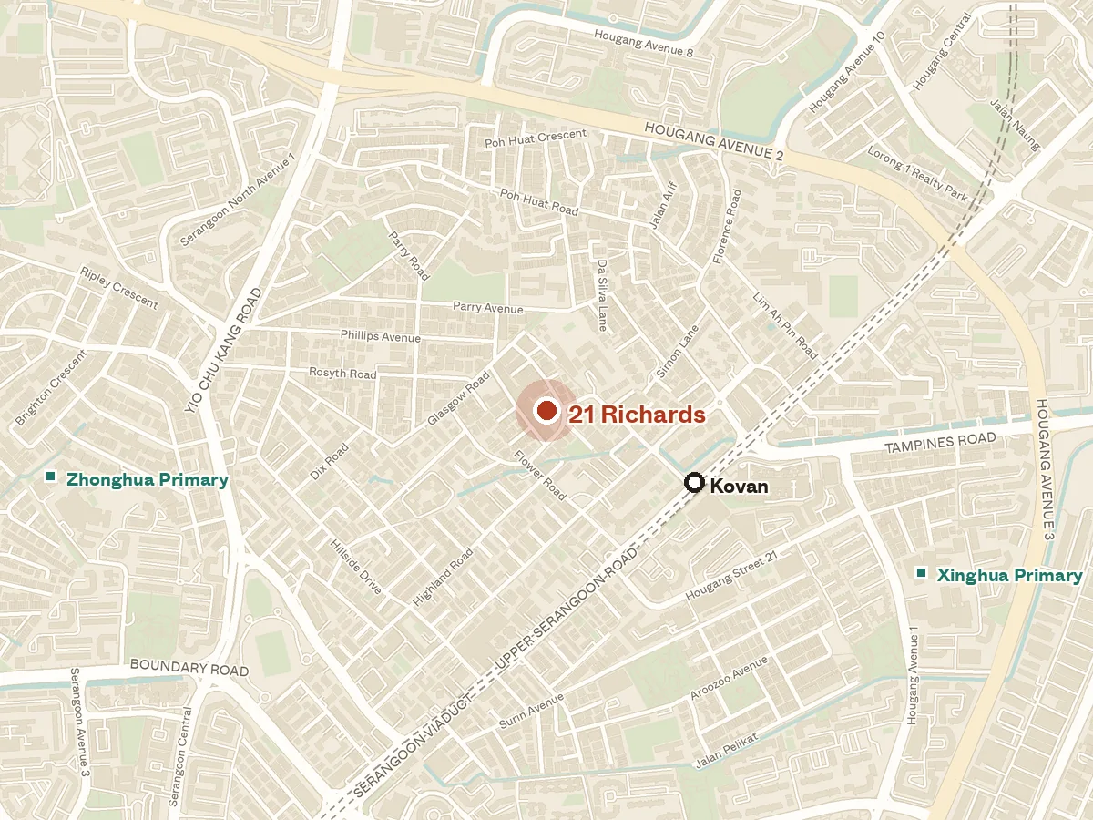 Map of the area around 21 Richards, with nearby MRT stations and primary schools