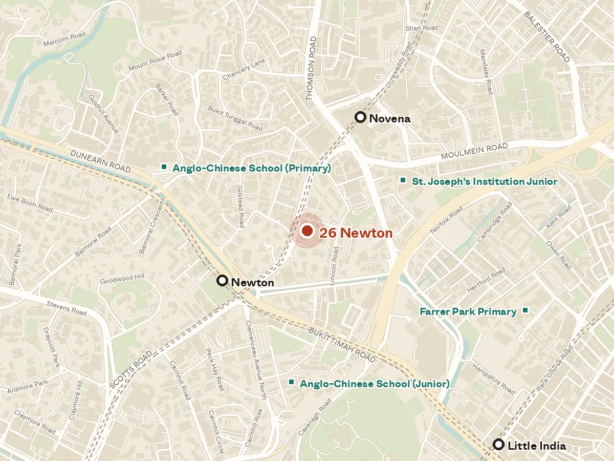 Map of the area around 26 Newton, with nearby MRT stations and primary schools