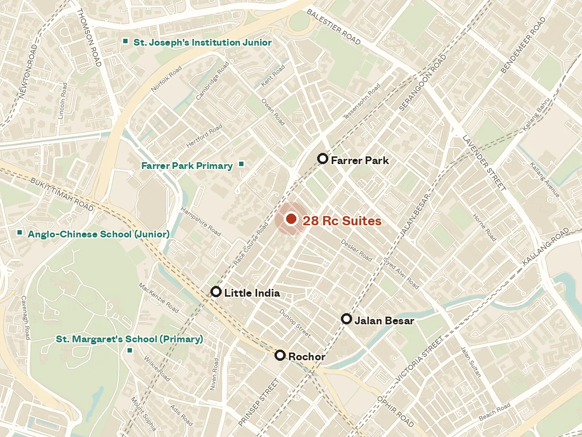 Map of the area around 28 Rc Suites, with nearby MRT stations and primary schools