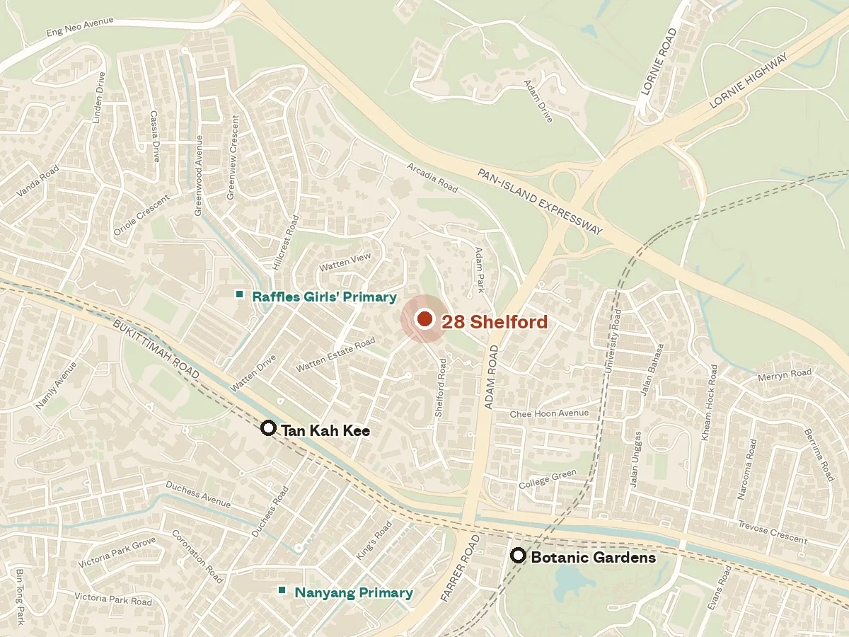 Map of the area around 28 Shelford, with nearby MRT stations and primary schools