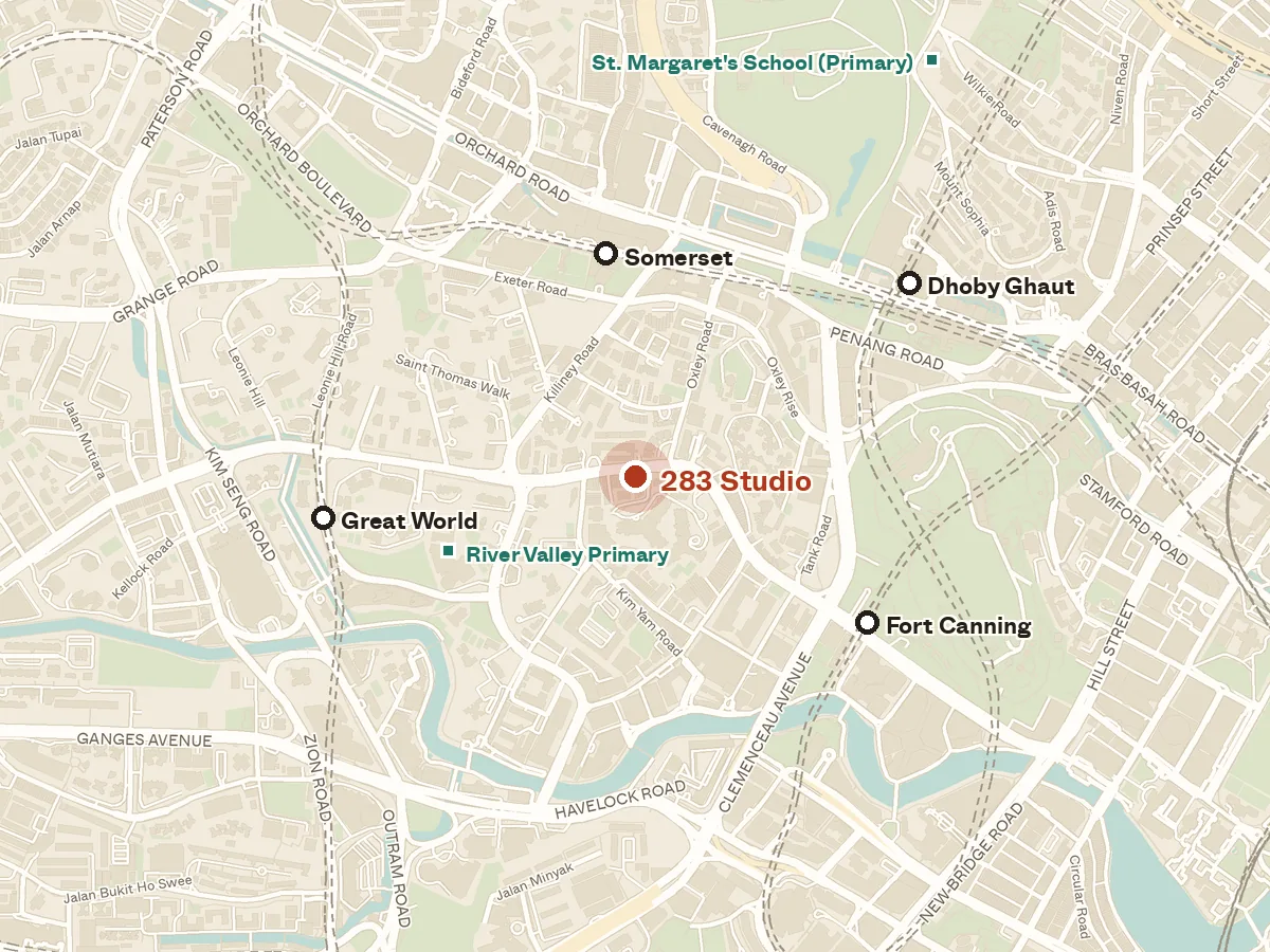 Map of the area around 283 Studio, with nearby MRT stations and primary schools