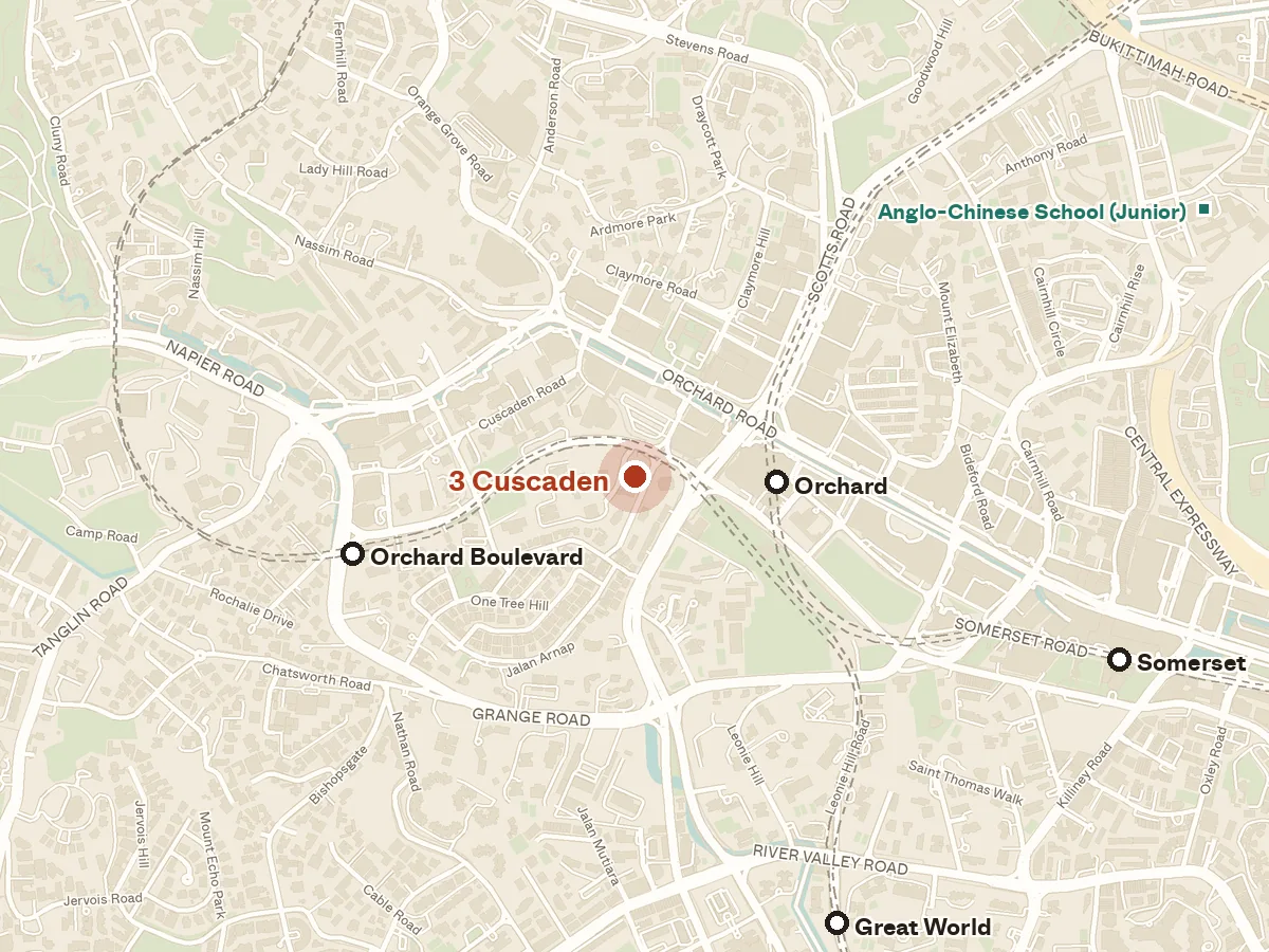 Map of the area around 3 Cuscaden, with nearby MRT stations and primary schools