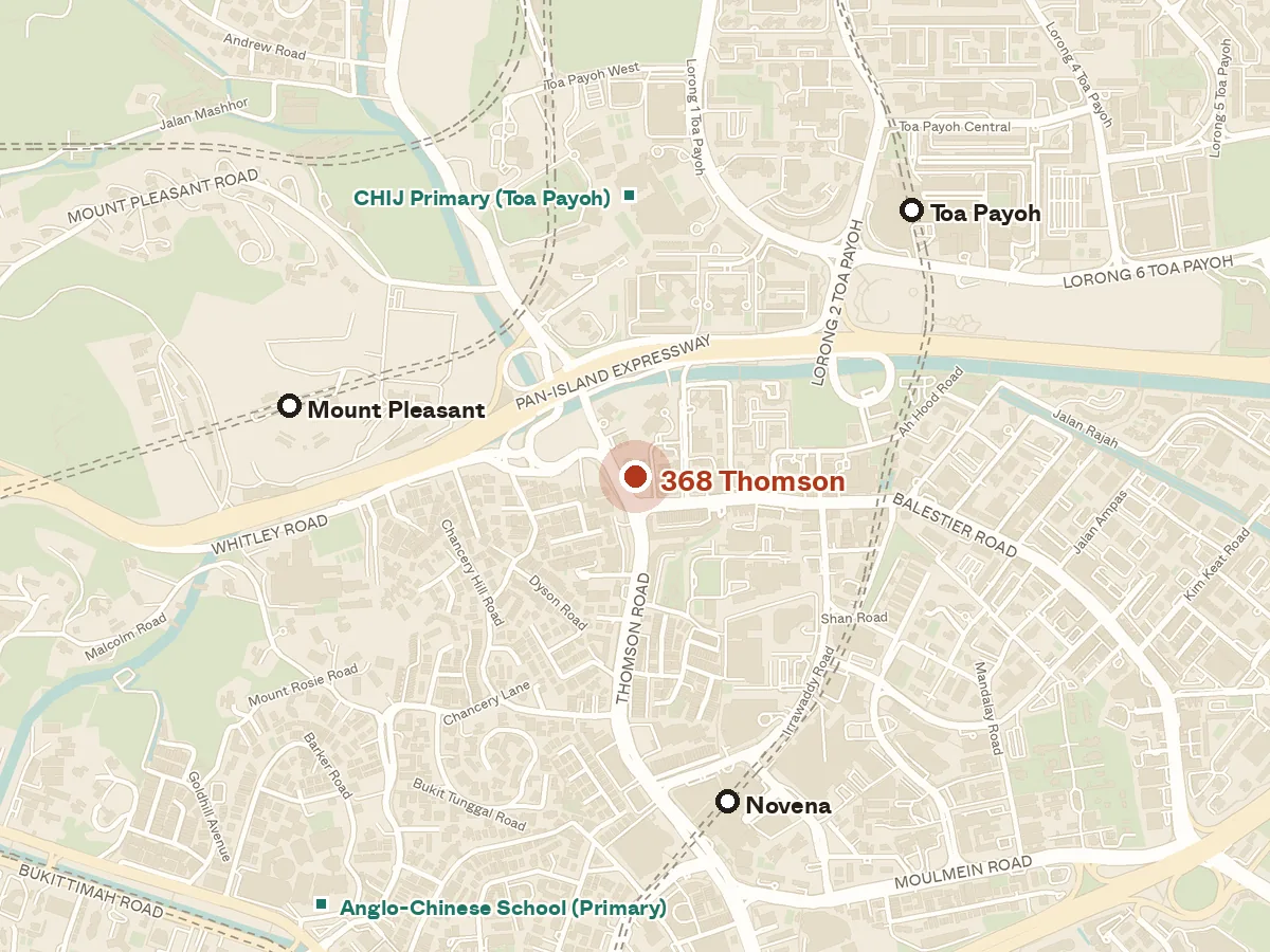 Map of the area around 368 Thomson, with nearby MRT stations and primary schools