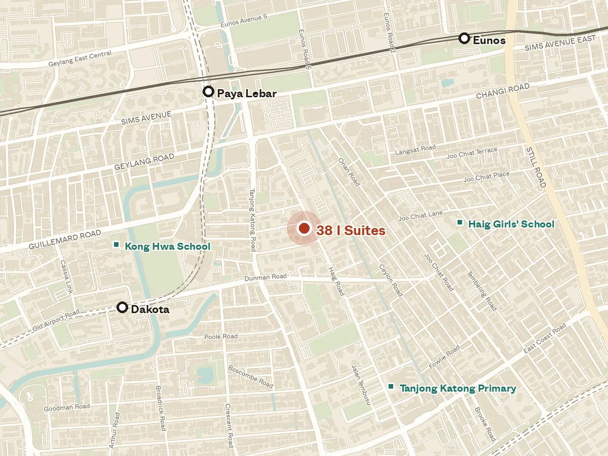 Map of the area around 38 I Suites, with nearby MRT stations and primary schools