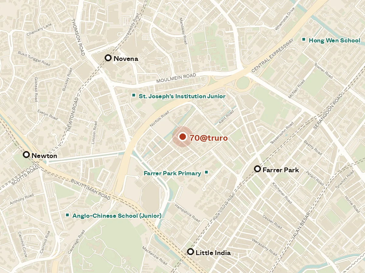 Map of the area around 70@truro, with nearby MRT stations and primary schools