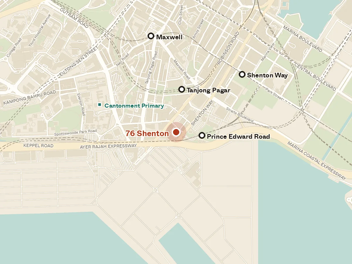 Map of the area around 76 Shenton, with nearby MRT stations and primary schools