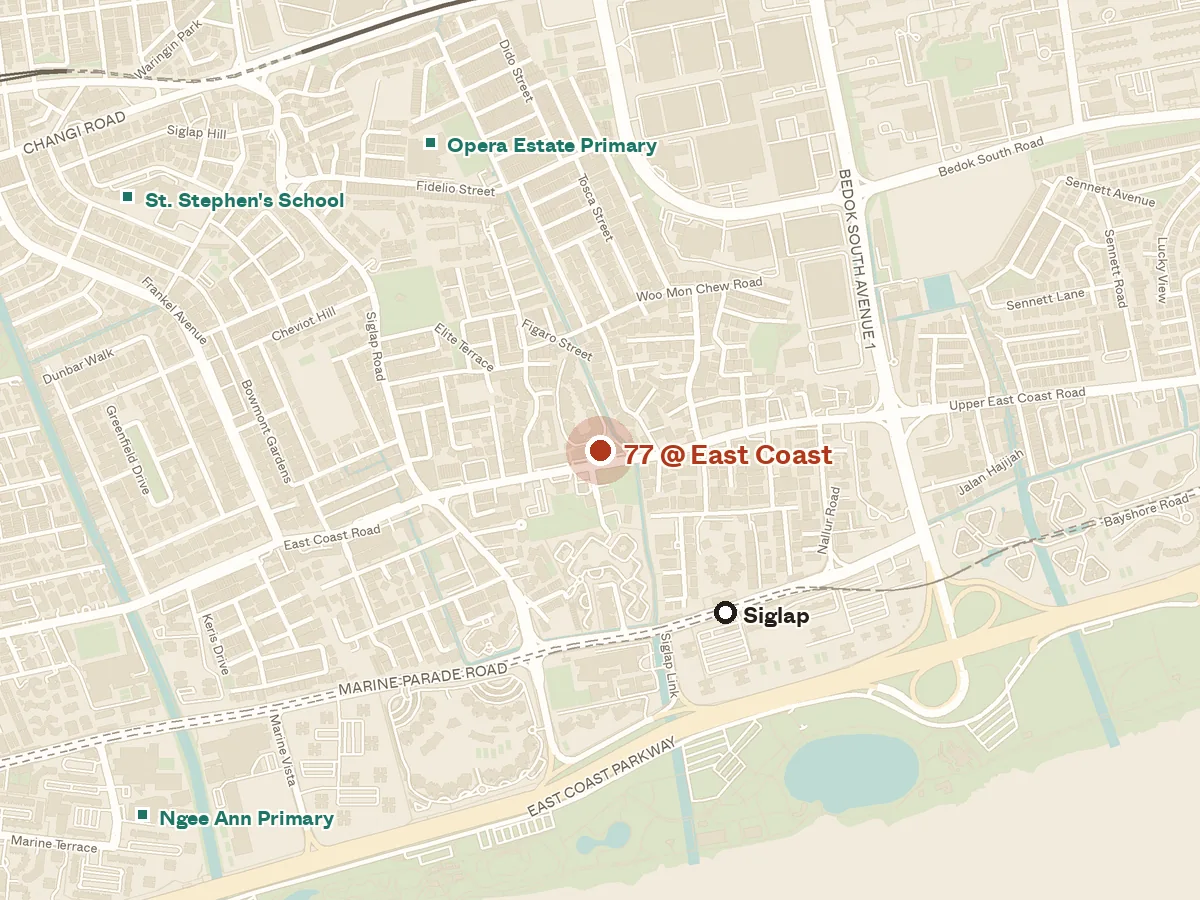 Map of the area around 77 @ East Coast, with nearby MRT stations and primary schools