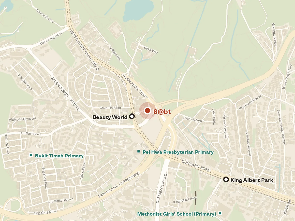 Map of the area around 8@bt, with nearby MRT stations and primary schools