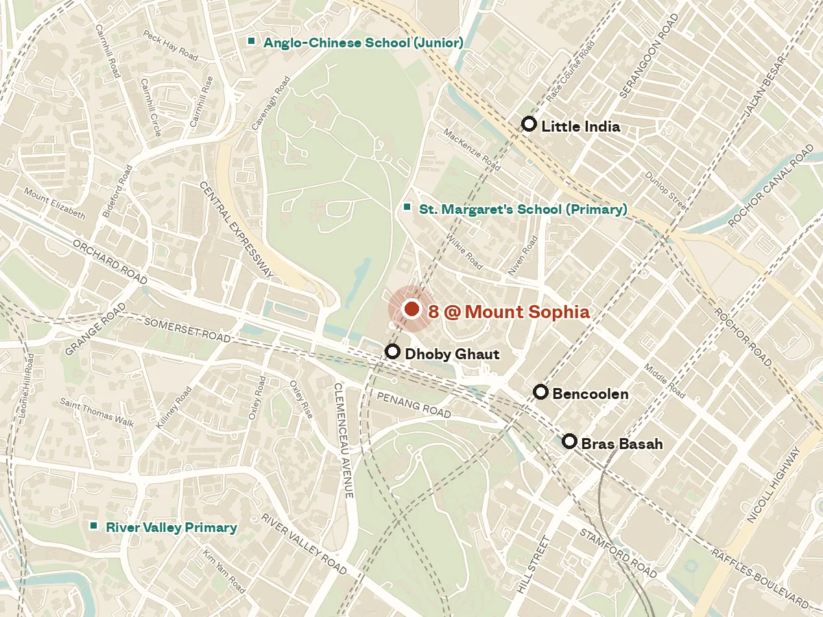 Map of the area around 8 @ Mount Sophia, with nearby MRT stations and primary schools