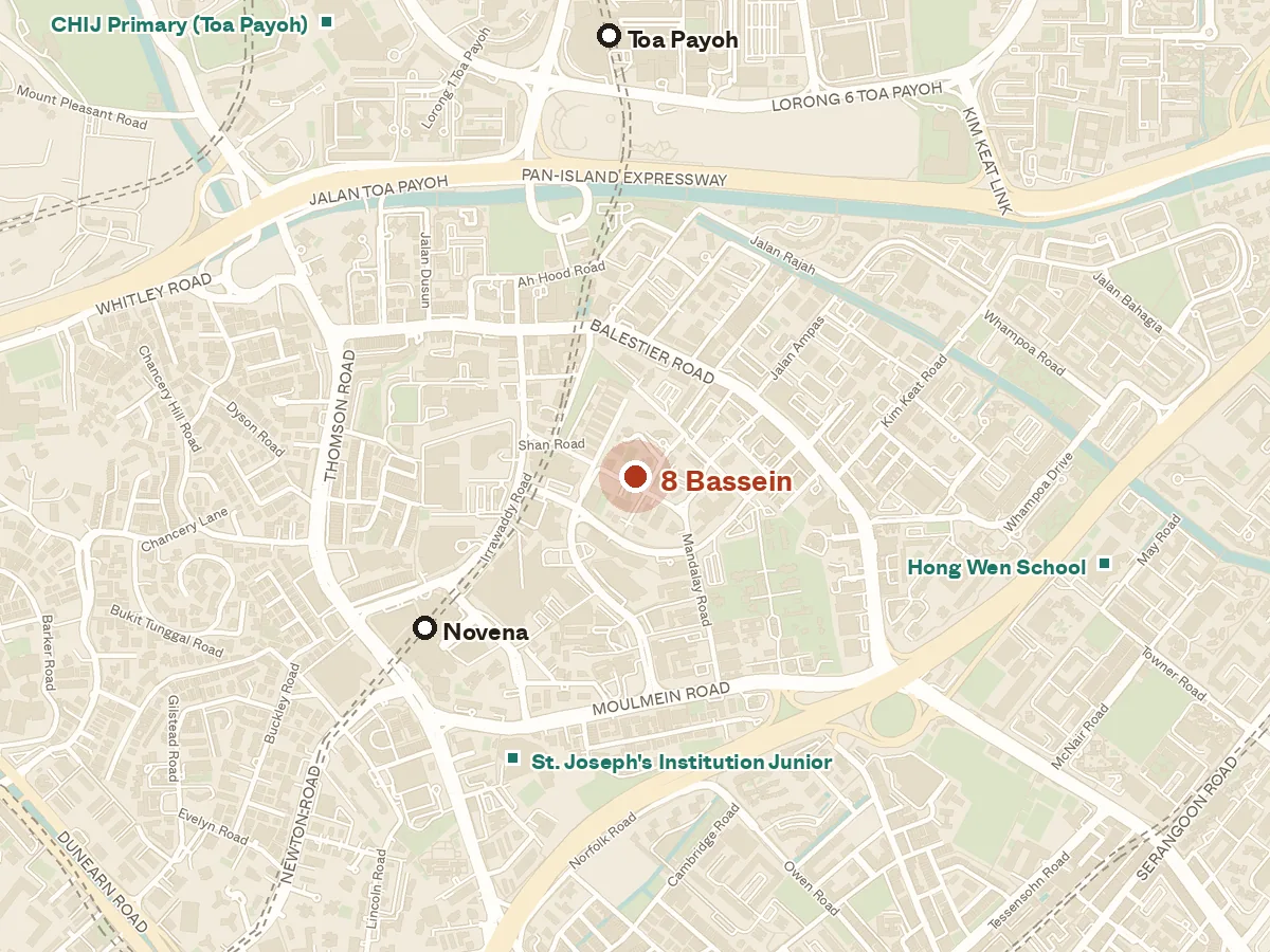Map of the area around 8 Bassein, with nearby MRT stations and primary schools