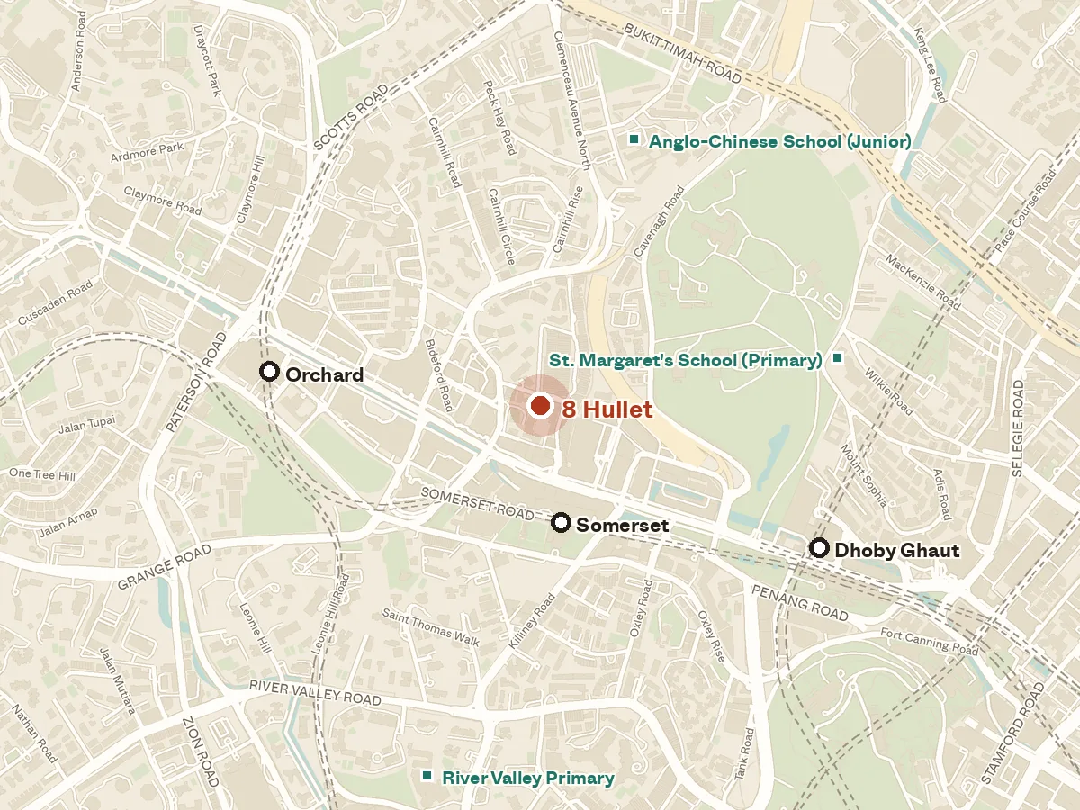 Map of the area around 8 Hullet, with nearby MRT stations and primary schools