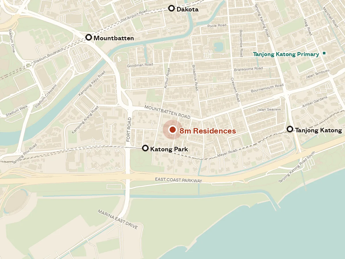 Map of the area around 8m Residences, with nearby MRT stations and primary schools