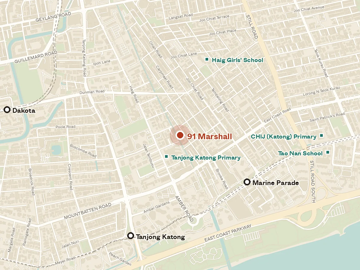 Map of the area around 91 Marshall, with nearby MRT stations and primary schools