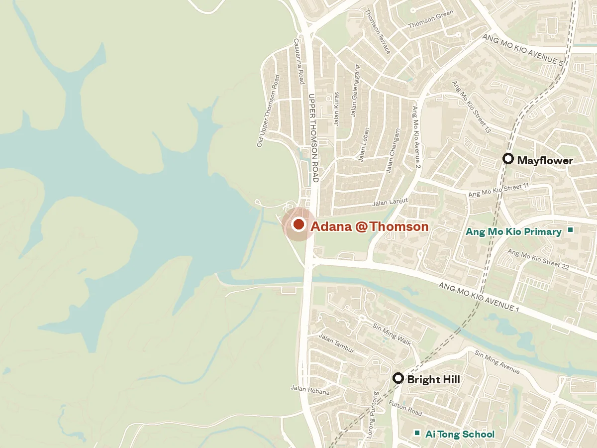 Map of the area around Adana @ Thomson, with nearby MRT stations and primary schools