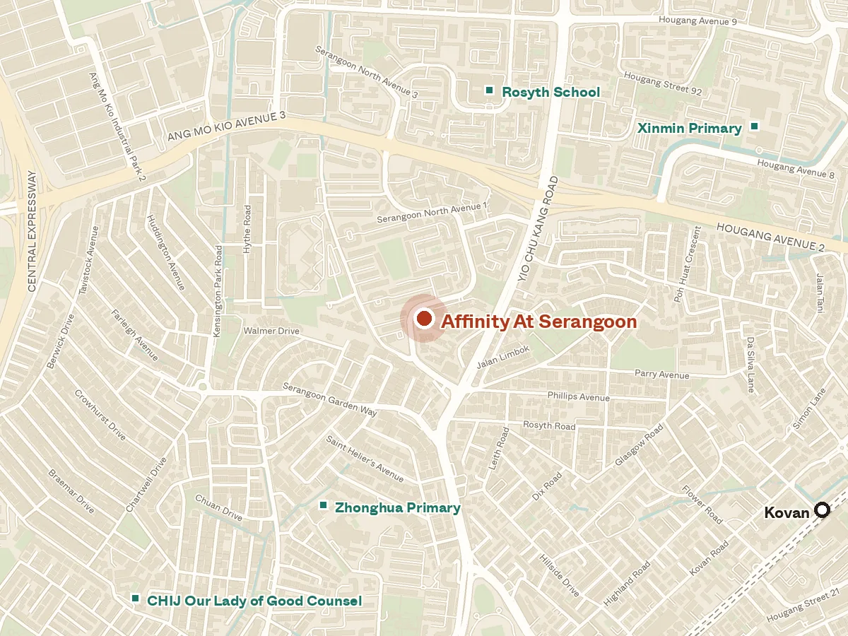 Map of the area around Affinity At Serangoon, with nearby MRT stations and primary schools