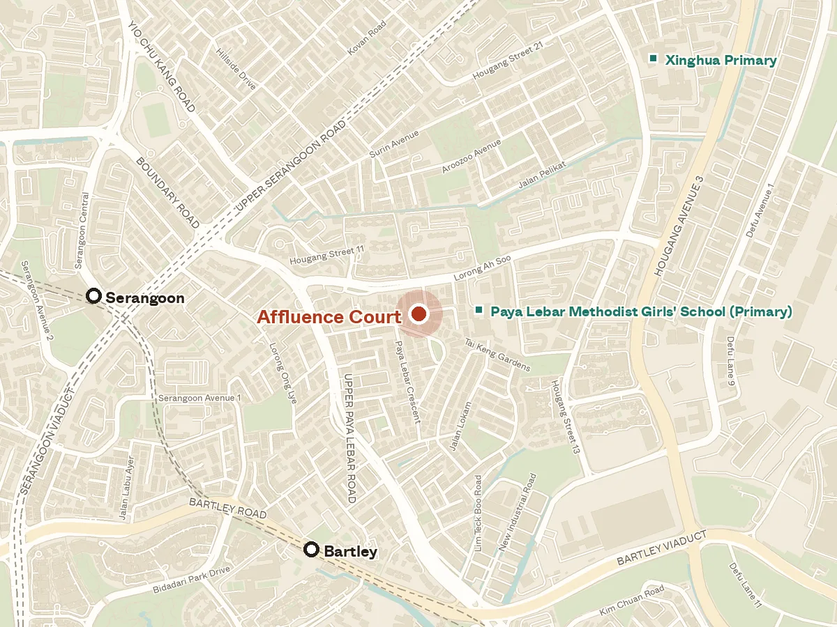Map of the area around Affluence Court, with nearby MRT stations and primary schools