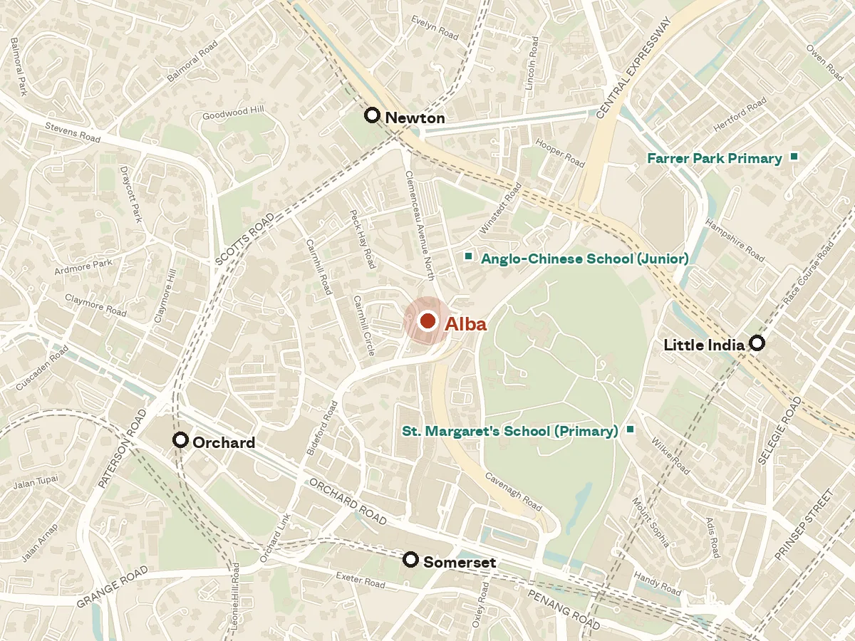Map of the area around Alba, with nearby MRT stations and primary schools