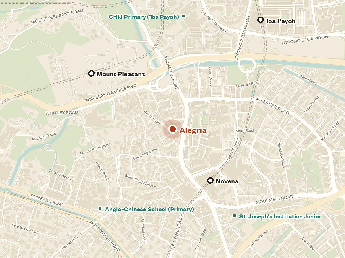 Map of the area around Alegria, with nearby MRT stations and primary schools