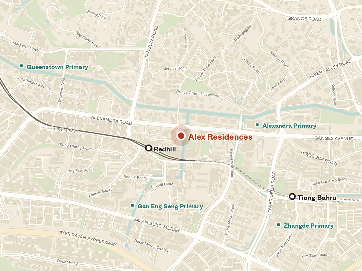Map of the area around Alex Residences, with nearby MRT stations and primary schools