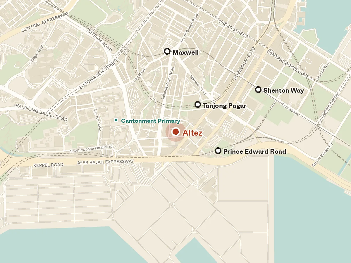 Map of the area around Altez, with nearby MRT stations and primary schools