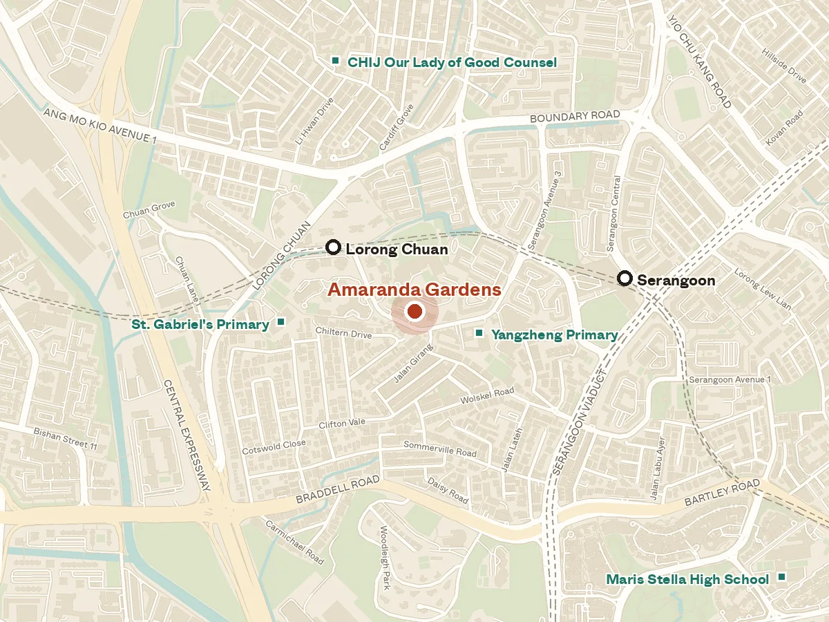 Map of the area around Amaranda Gardens, with nearby MRT stations and primary schools