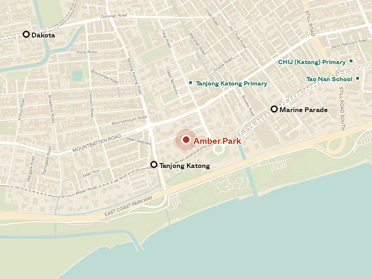 Map of the area around Amber Park, with nearby MRT stations and primary schools