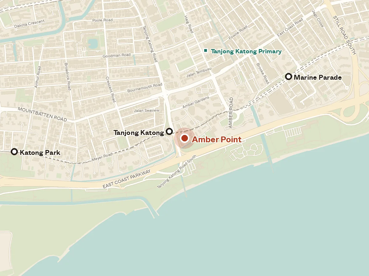 Map of the area around Amber Point, with nearby MRT stations and primary schools
