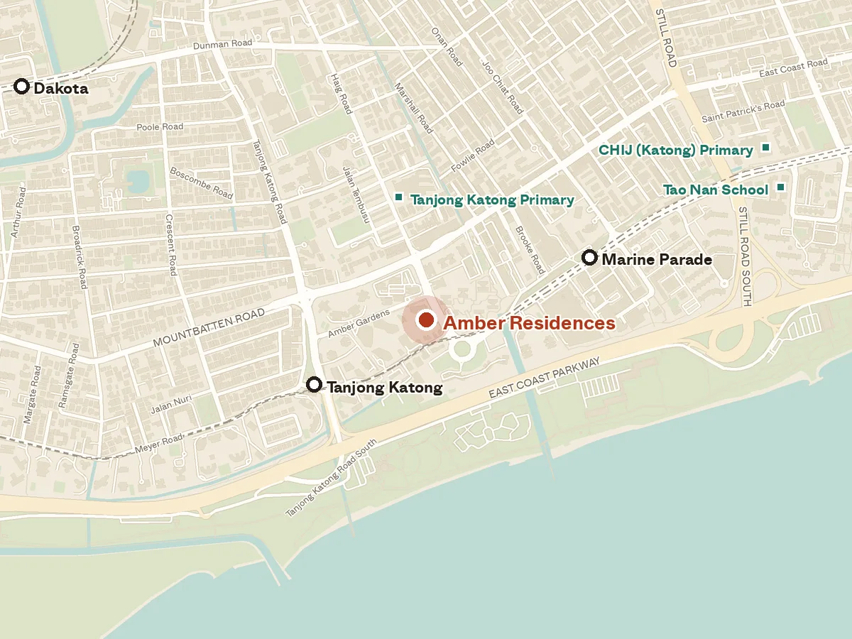 Map of the area around Amber Residences, with nearby MRT stations and primary schools