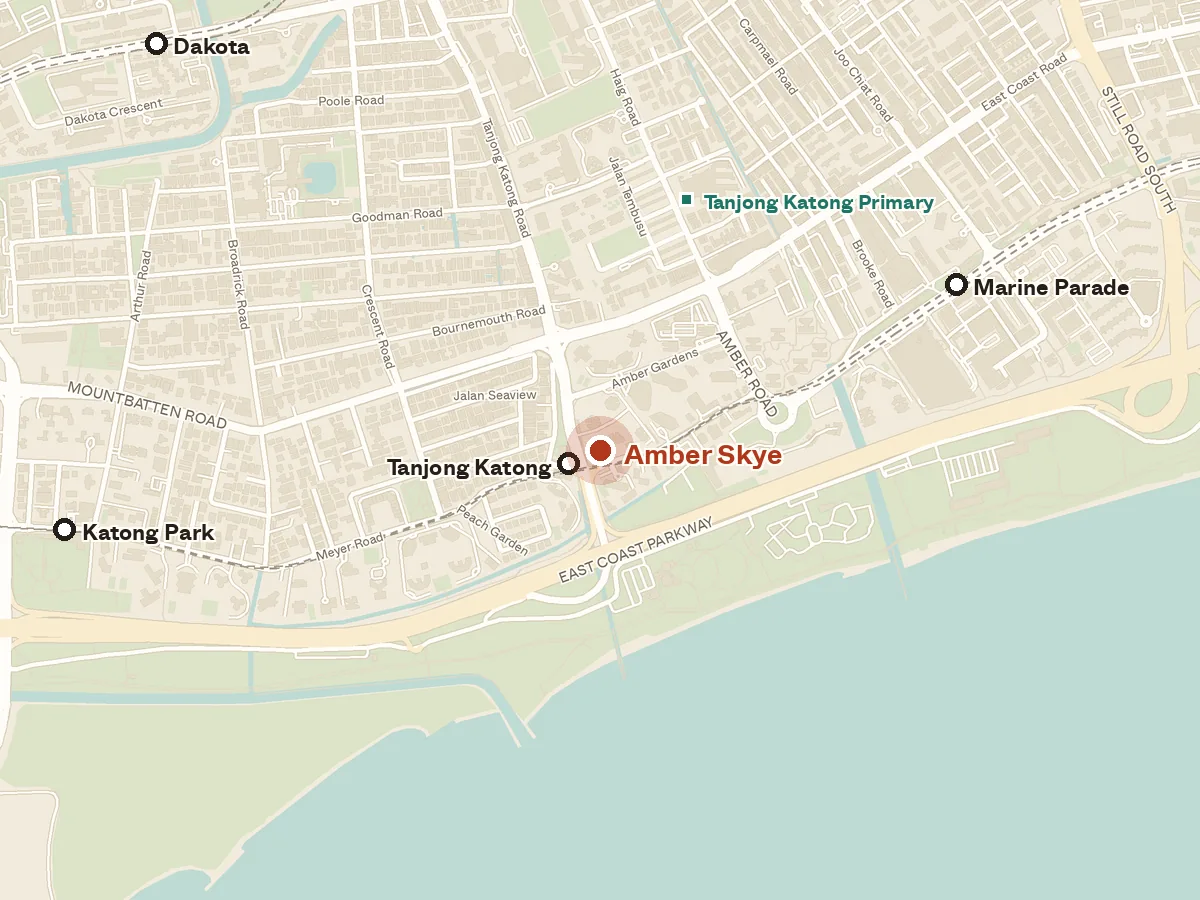 Map of the area around Amber Skye, with nearby MRT stations and primary schools