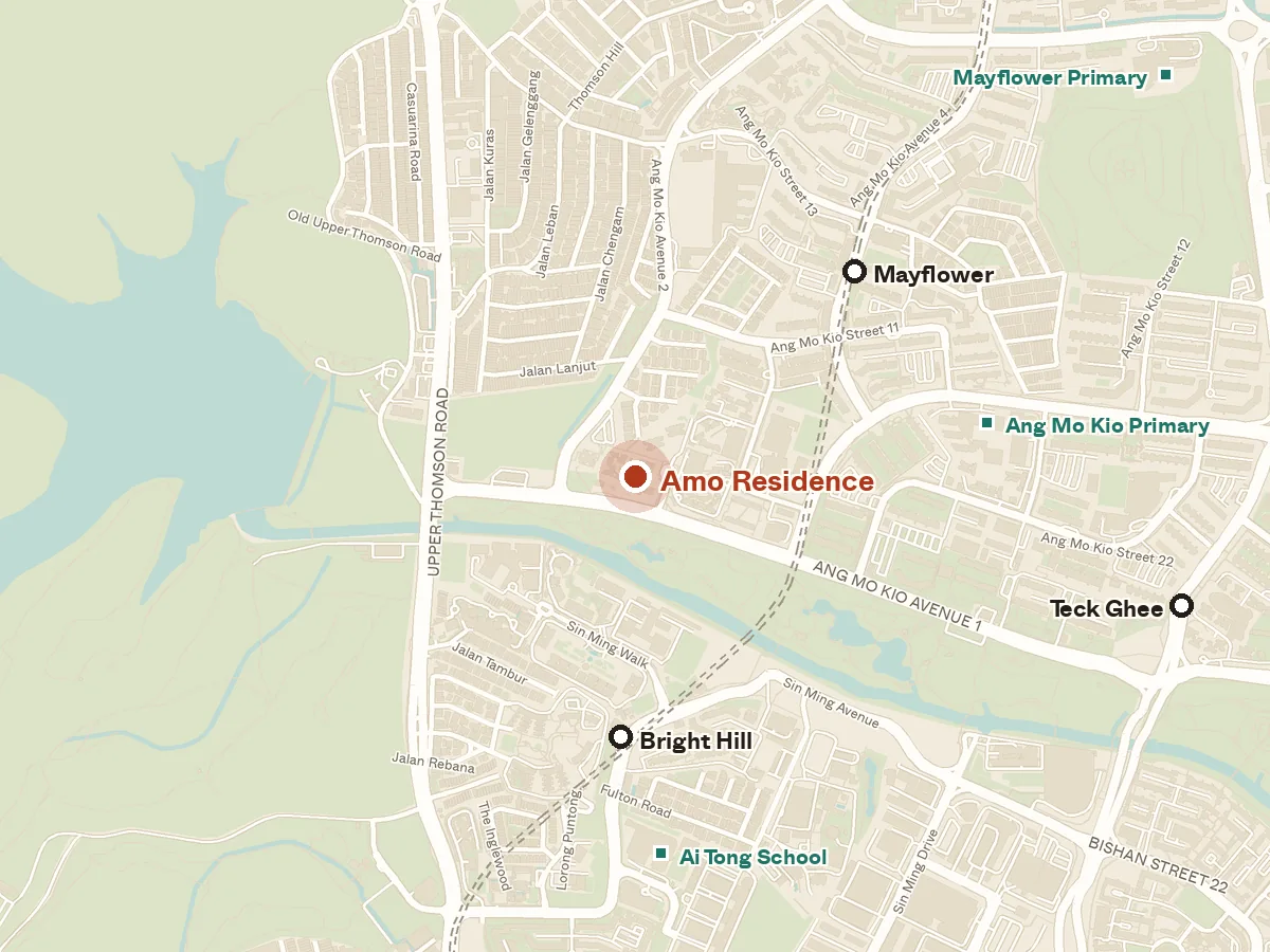 Map of the area around Amo Residence, with nearby MRT stations and primary schools