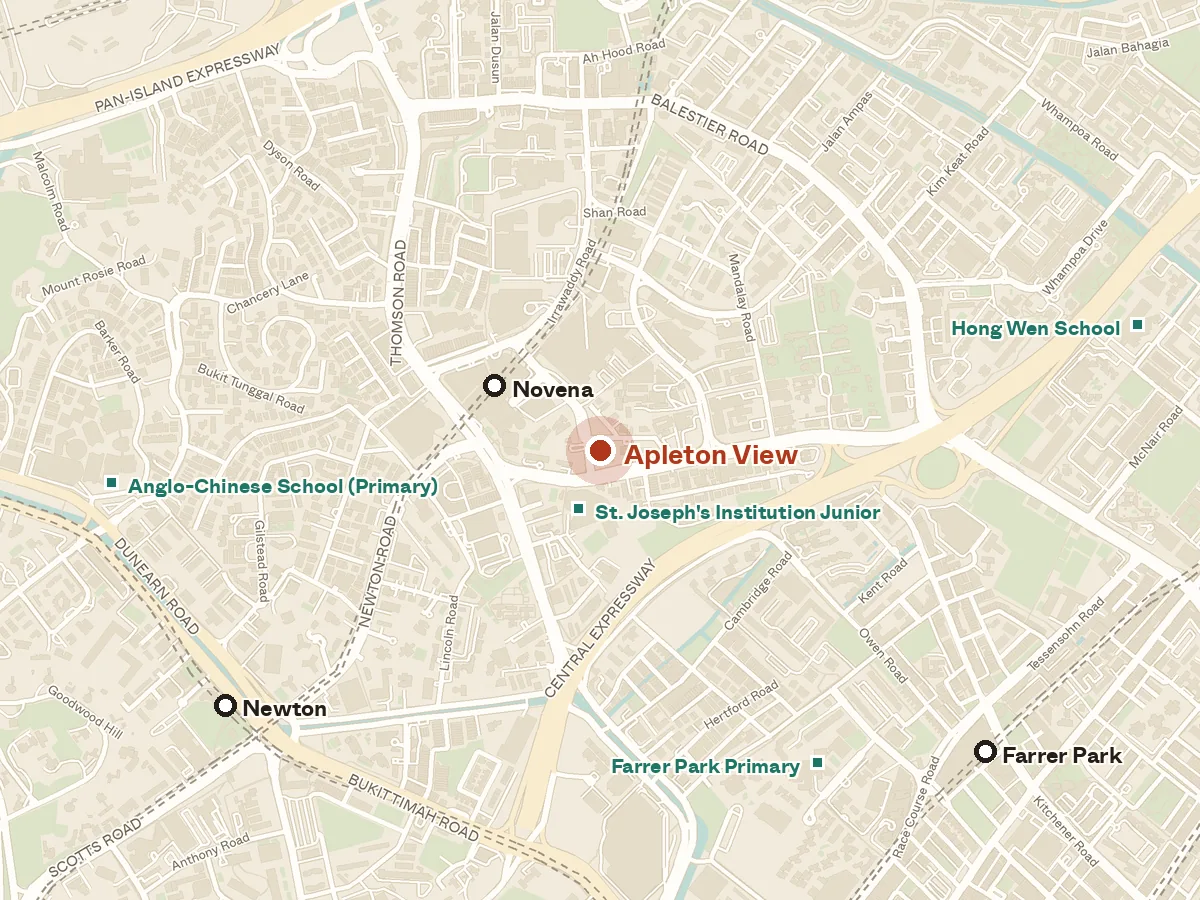 Map of the area around Apleton View, with nearby MRT stations and primary schools