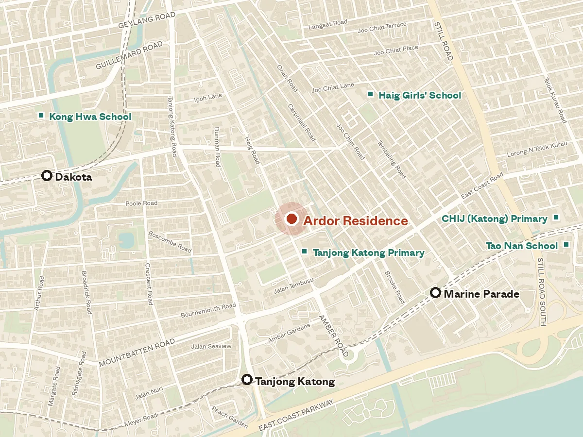 Map of the area around Ardor Residence, with nearby MRT stations and primary schools