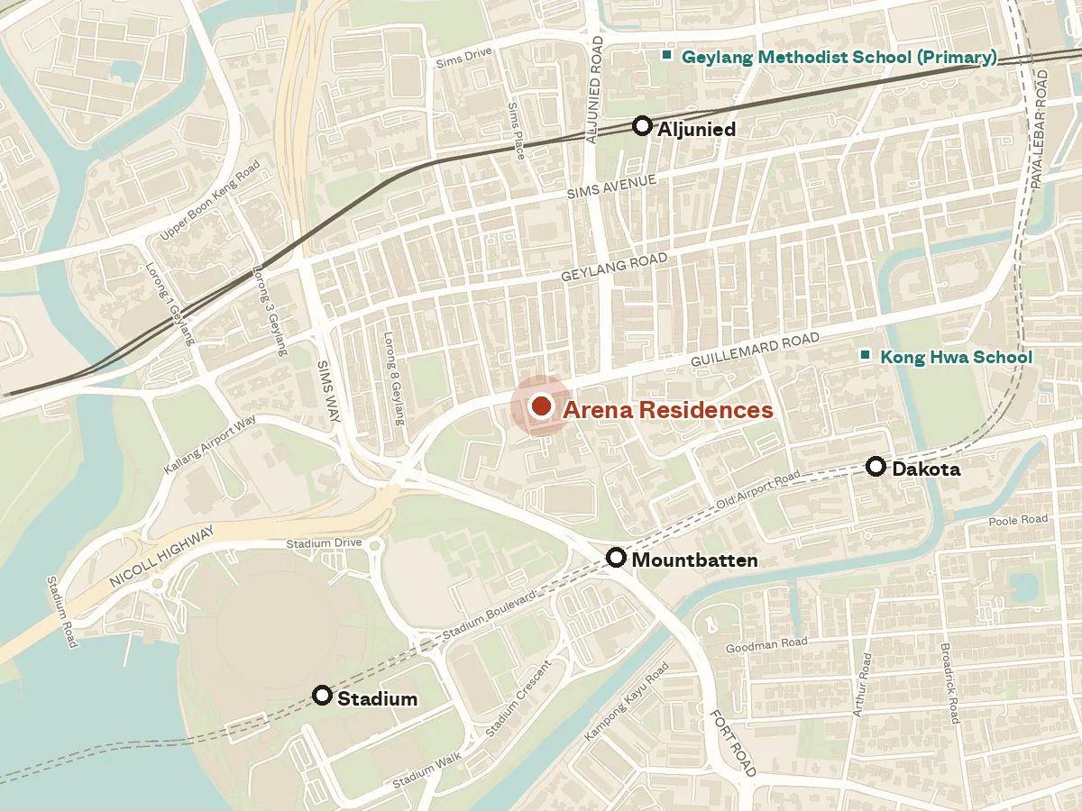 Map of the area around Arena Residences, with nearby MRT stations and primary schools