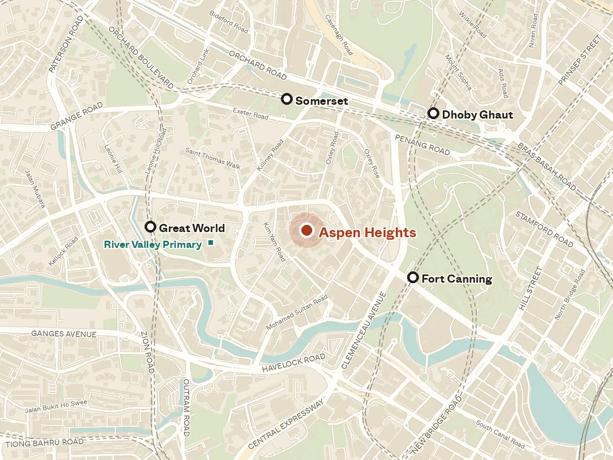 Map of the area around Aspen Heights, with nearby MRT stations and primary schools