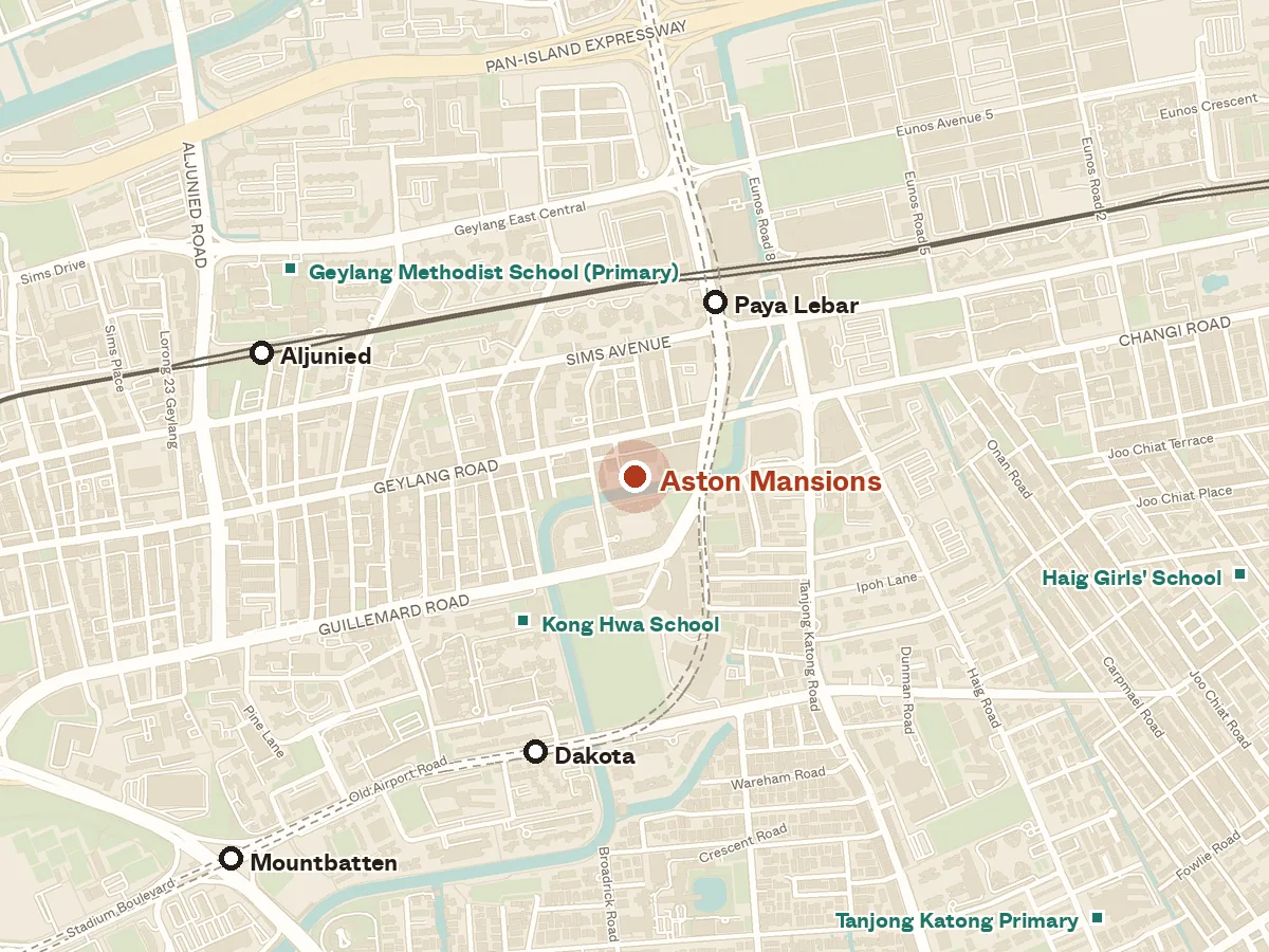 Map of the area around Aston Mansions, with nearby MRT stations and primary schools