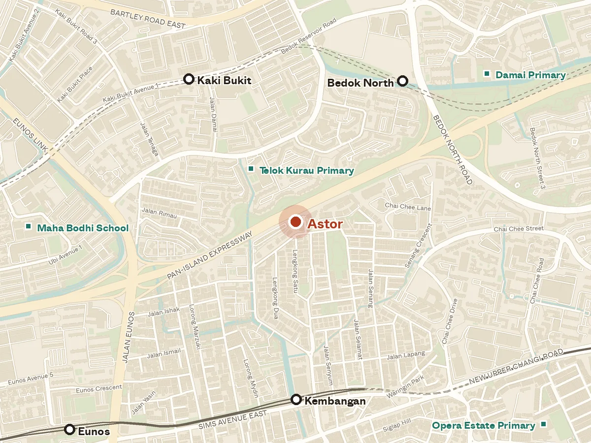 Map of the area around Astor, with nearby MRT stations and primary schools