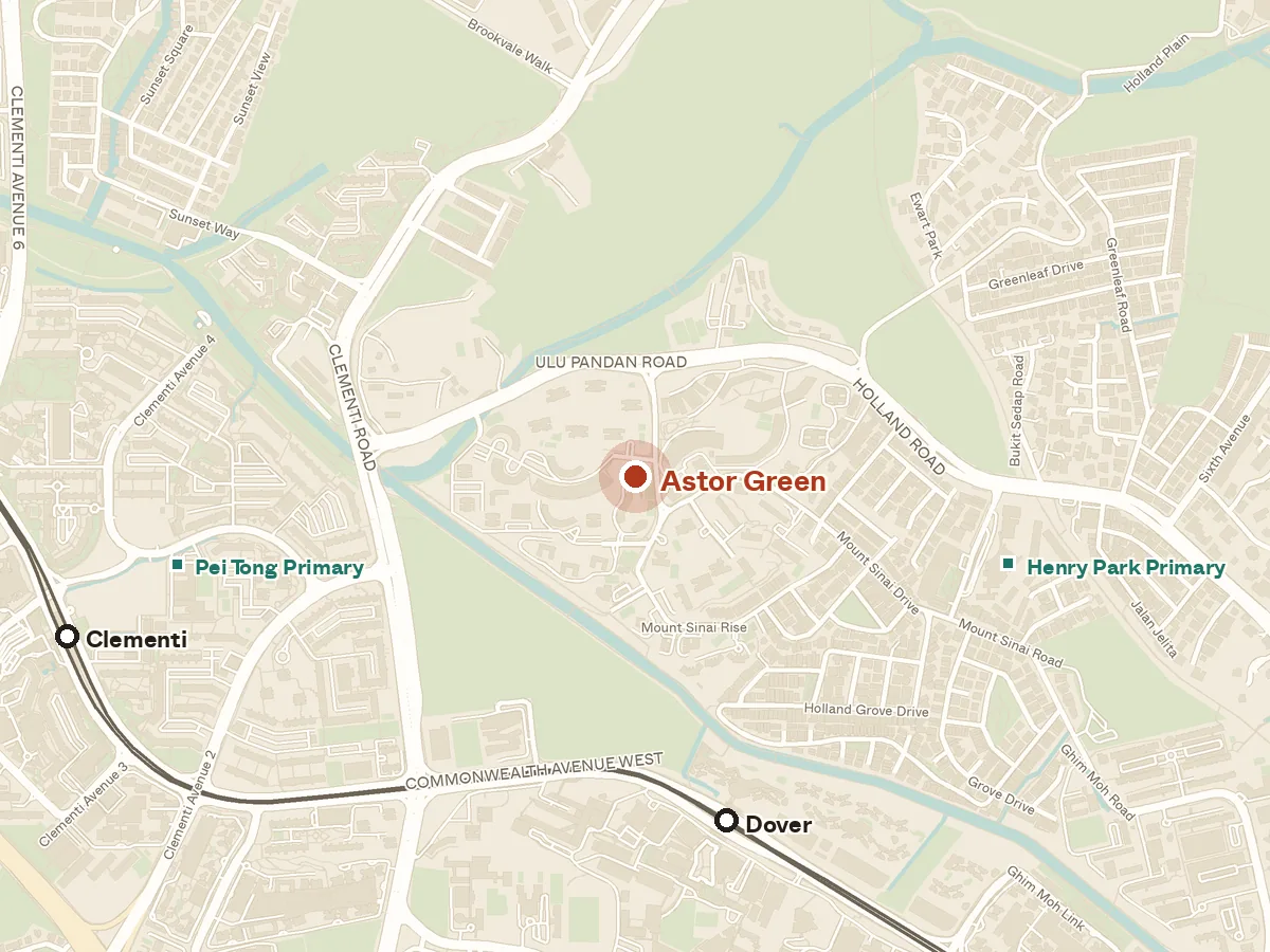 Map of the area around Astor Green, with nearby MRT stations and primary schools