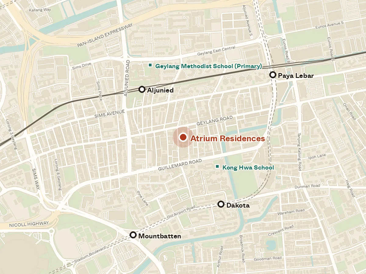 Map of the area around Atrium Residences, with nearby MRT stations and primary schools