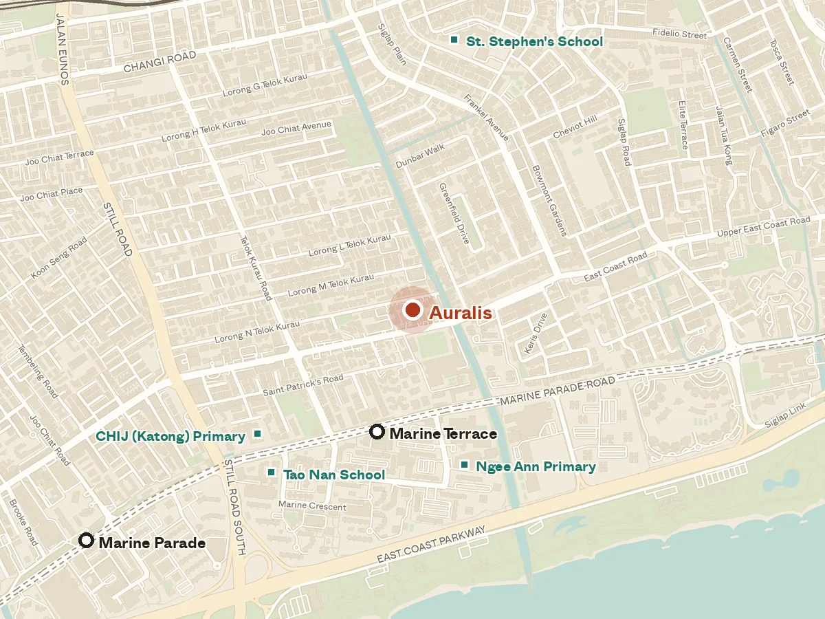 Map of the area around Auralis, with nearby MRT stations and primary schools