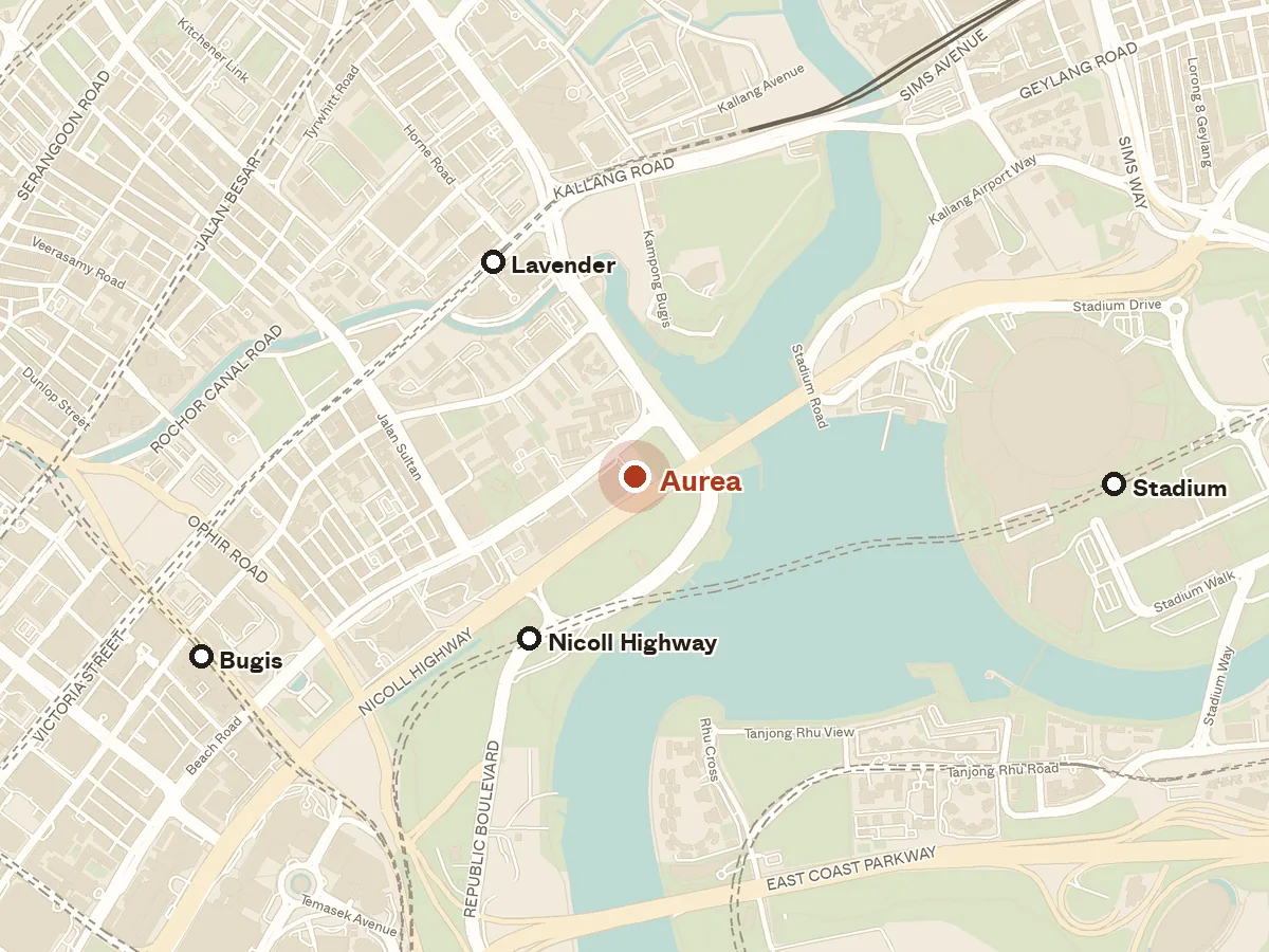 Map of the area around Aurea, with nearby MRT stations and primary schools