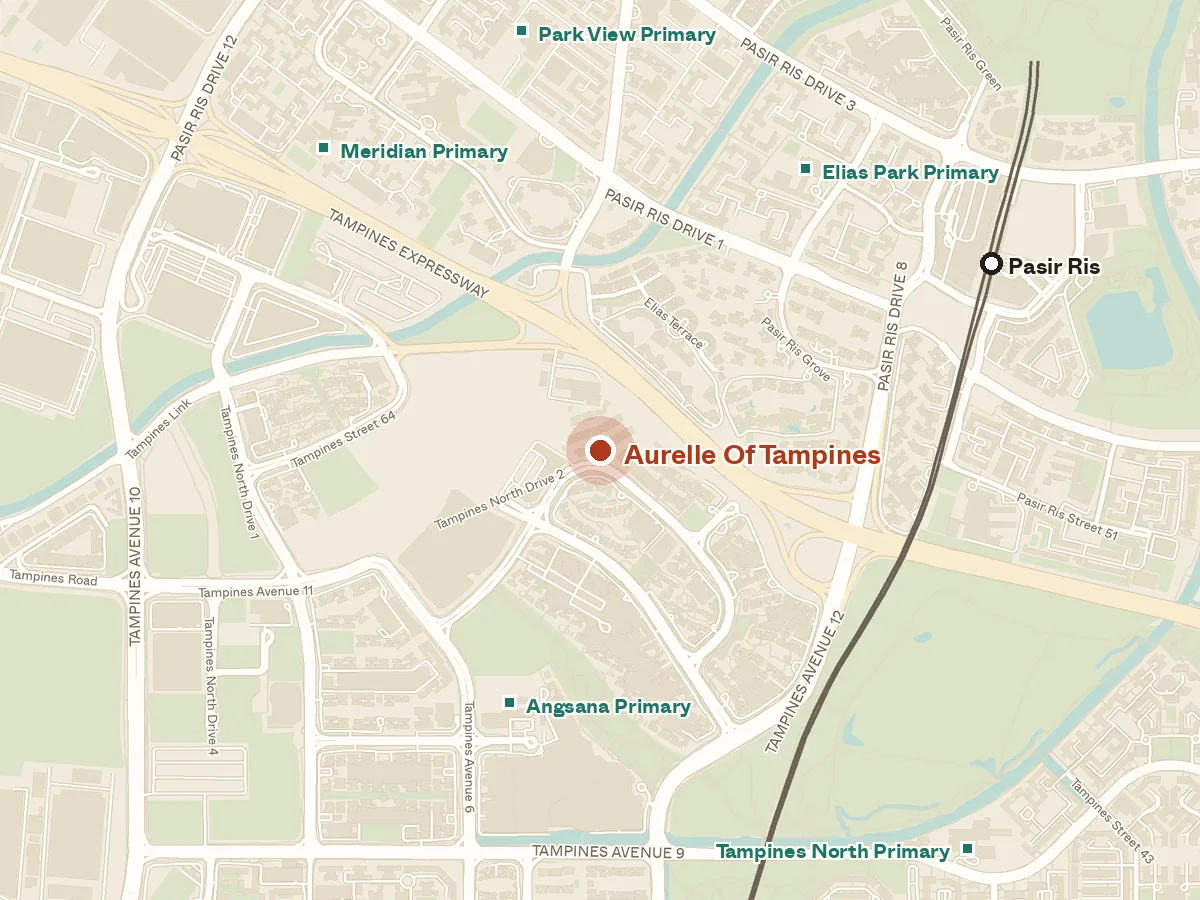 Map of the area around Aurelle Of Tampines, with nearby MRT stations and primary schools