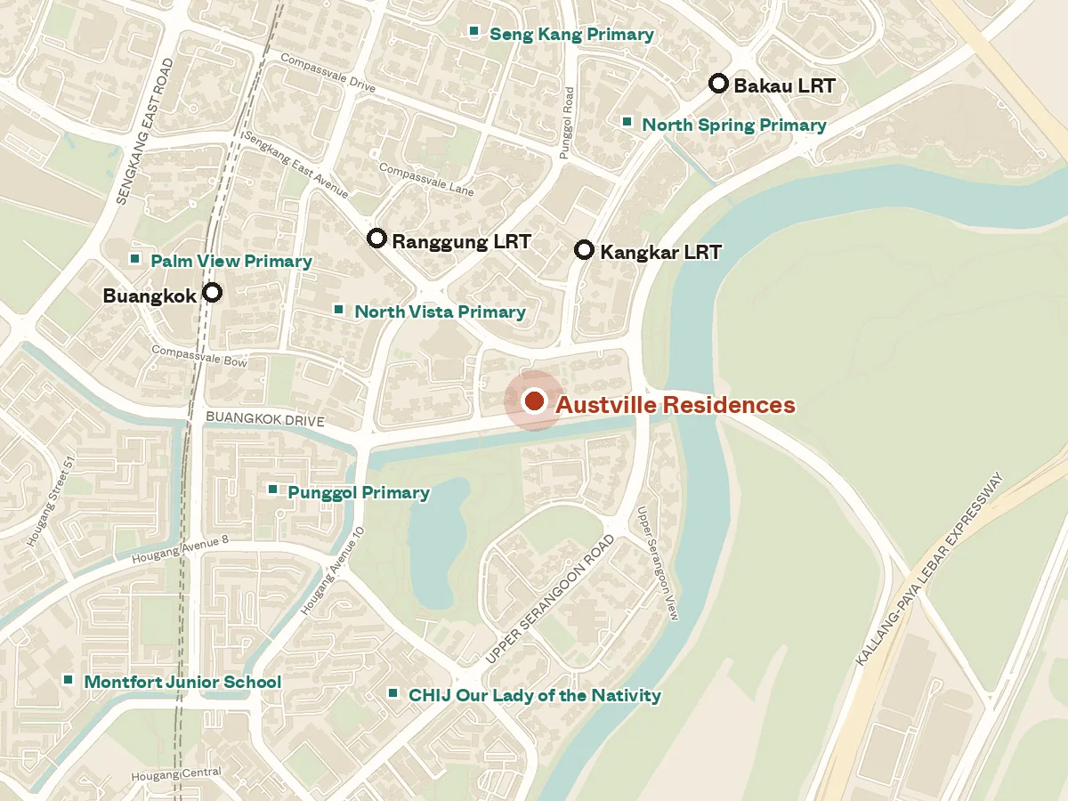 Map of the area around Austville Residences, with nearby MRT stations and primary schools