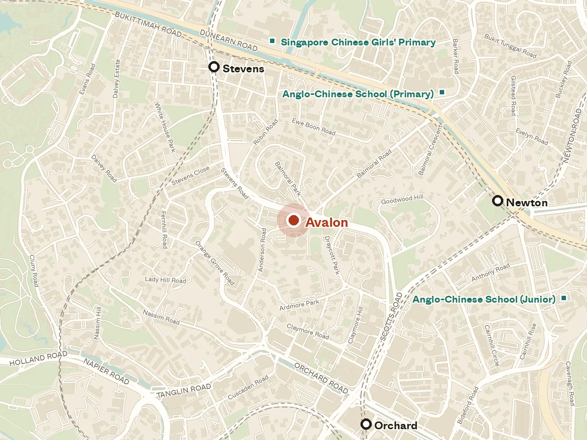 Map of the area around Avalon, with nearby MRT stations and primary schools